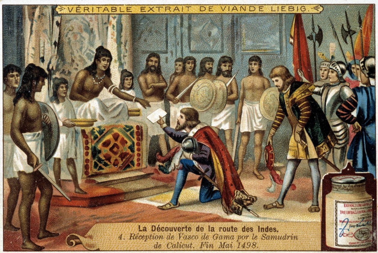 Oppdagelsen av ruten til India: Mottak av Vasco da Gama av Samudrin fra Calicut, slutten av mai 1498 - reklamevignett Liébig av Unknown artist