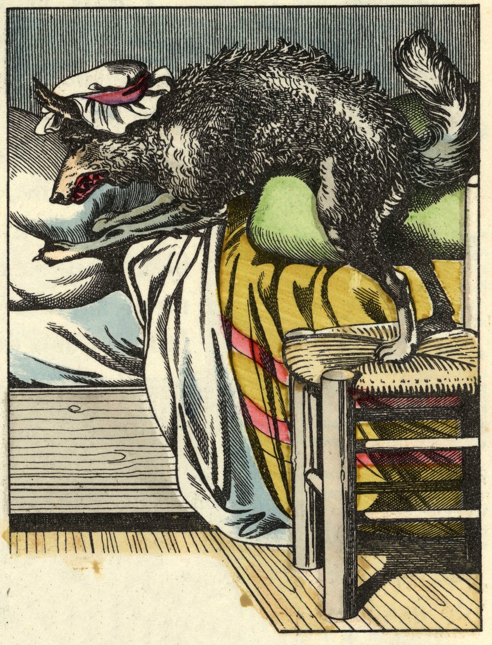 Forkledningsulven tar bestemors plass i sengen. Illustrasjon av historien "Den lille rødhette" av Charles Perrault av Unknown artist