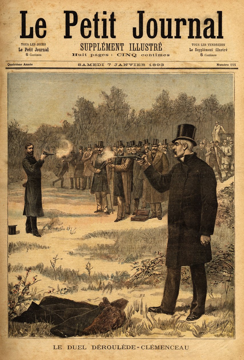 Duellen med pistolen (forbudt i Frankrike siden 1626) mellom deputerte Paul Deroulede (1846-1914) og Georges Clemenceau (1841-1929), ingen skade. Gravering i "" Le petit journal"" 7/01/1893. Selvas samling. av Unknown artist
