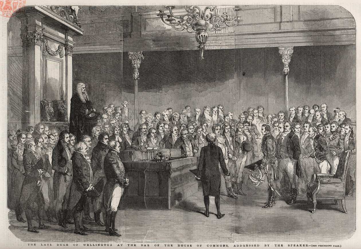 Hertugen av Wellington (Arthur Wellesley (1769-1852) (hertug av Wellington) står ved baren i Underhuset for å motta gratulasjonene fra speakeren med seieren i Vimeiro, halvøykrigen av Unknown artist