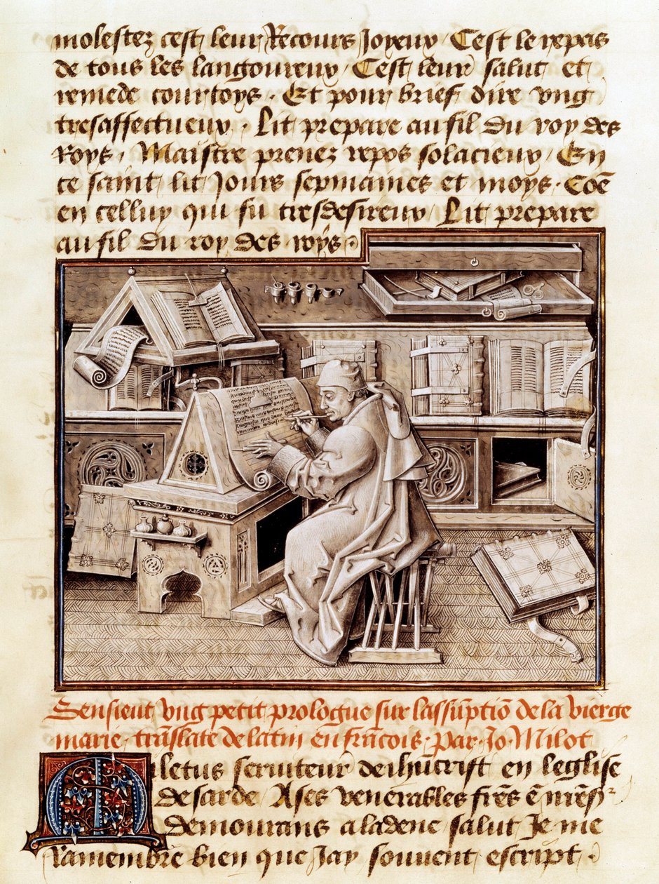 Den kirkelige, kopisten og oversetteren Jean Mielot (død 1472) representerer arbeidet på hans kontor, Side av et manuskript fra 1400-tallet. Paris, BN av Unknown artist
