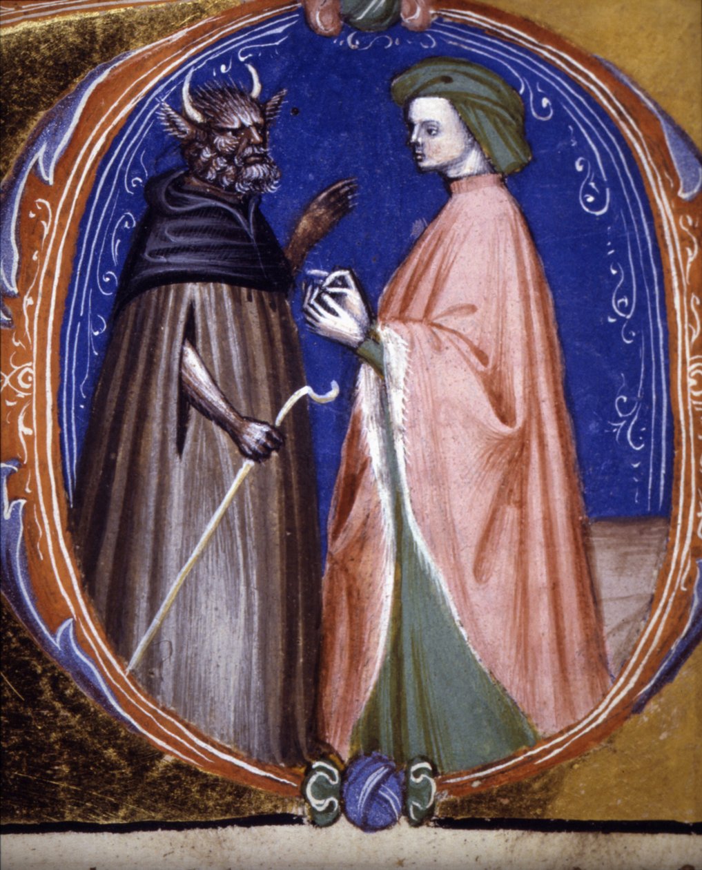 Møtet med demonen. 1300-talls manuskript. Biblioteca comunale di Rimini av Unknown artist