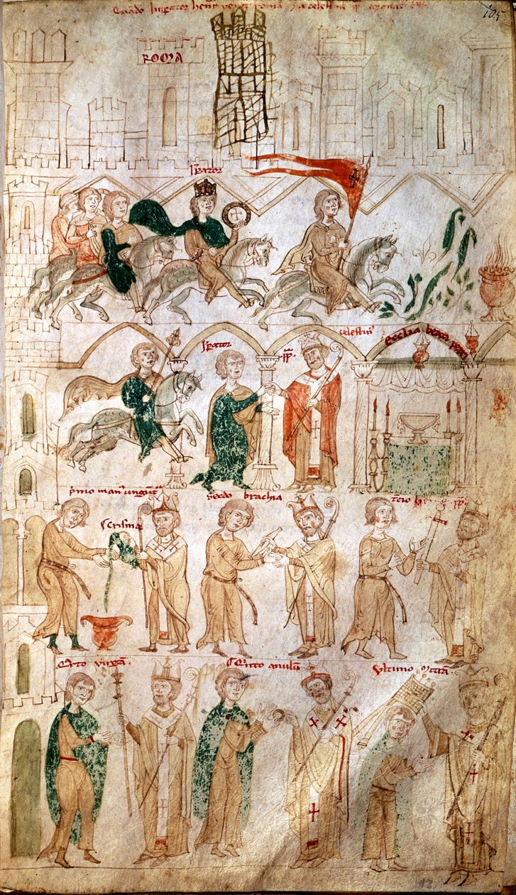 Inntoget av Henrik VI av Det hellige rike (1165-1197) til Roma og hans kroning som keiser 14.04.1191 av pave Celestin III Page hentet fra "" Liber ad honorem Augusti""" av Pietro da Eboli (Peter av Eboli) - (kodeks 120, fol 105) Burgerbibli fra 1200-tallet av Unknown artist