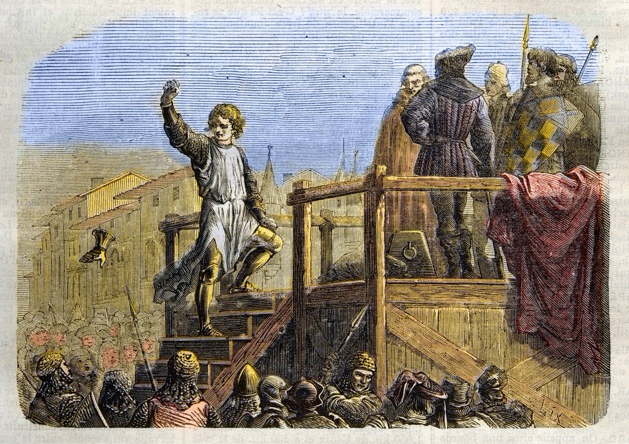 Henrettelsen av Conradin (eller Conrad av Hohenstaufen) konge av Sicilia og hertug av Schwaben (1252-1268) etter ordre fra Karl av Anjou etter slaget ved Tagliacozzo i 1268” (henrettelse av Conradin (eller Conrad den yngre), siste Staufer-konge av Sicilia, av Unknown artist