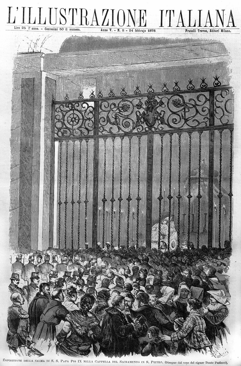 Utstillingen av liket til pave Pius IX (1792 - 1878) i kapellet i Sacramento i Vatikanet. Omslag av "" lillustrazione italiana"" fra februar 1878. av Unknown artist