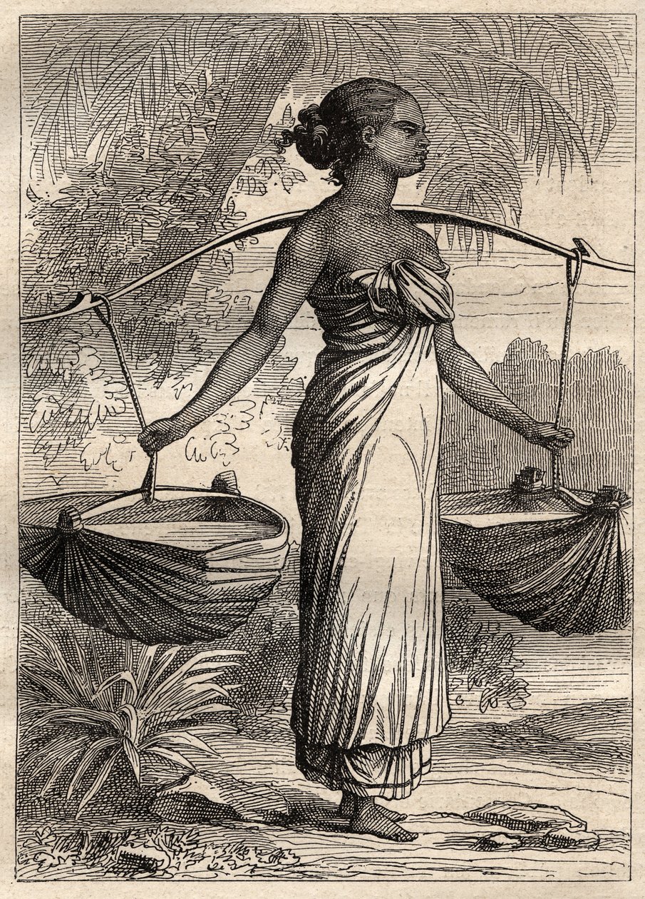 Ekspedisjonen rundt om i verden (1790-1792) av kaptein Etienne Marchand (1755-1793): vannbærer i Timor (Øst-Timor, Indonesia) -illustrasjon hentet fra "The Great Mariners of the 18th century"" av Unknown artist