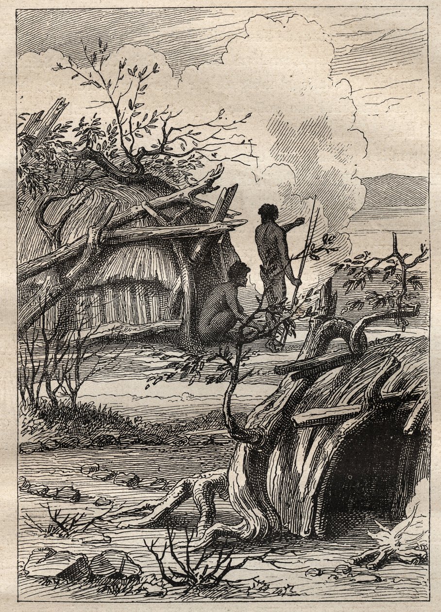 Ekspedisjonen rundt om i verden (1790-1792) av kaptein Etienne Marchand (1755-1793): urbefolkningshytter i landet Enddacht (Australia) - illustrasjon hentet fra "The Great Mariners of the 18th century"" av Unknown artist