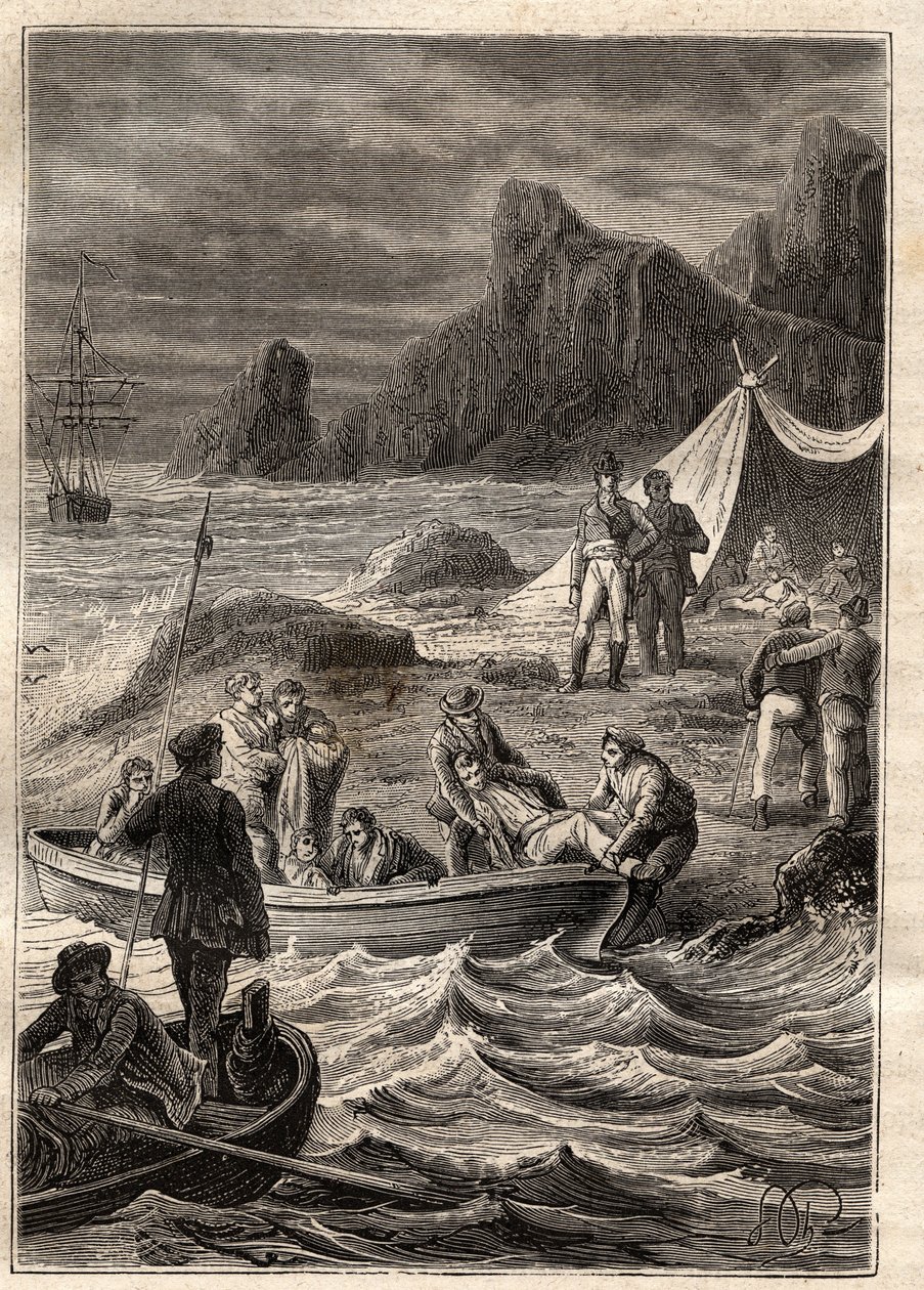 Ekspedisjonen til de sørlige landene (1800-1803) av Nicolas Baudin (1754-1803): de syke av skjørbuk ble fraktet i land i Bay of Adventure (Tasmania, Australia) - illustrasjon hentet fra "The Great Mariners of the 18th century" ” av Unknown artist