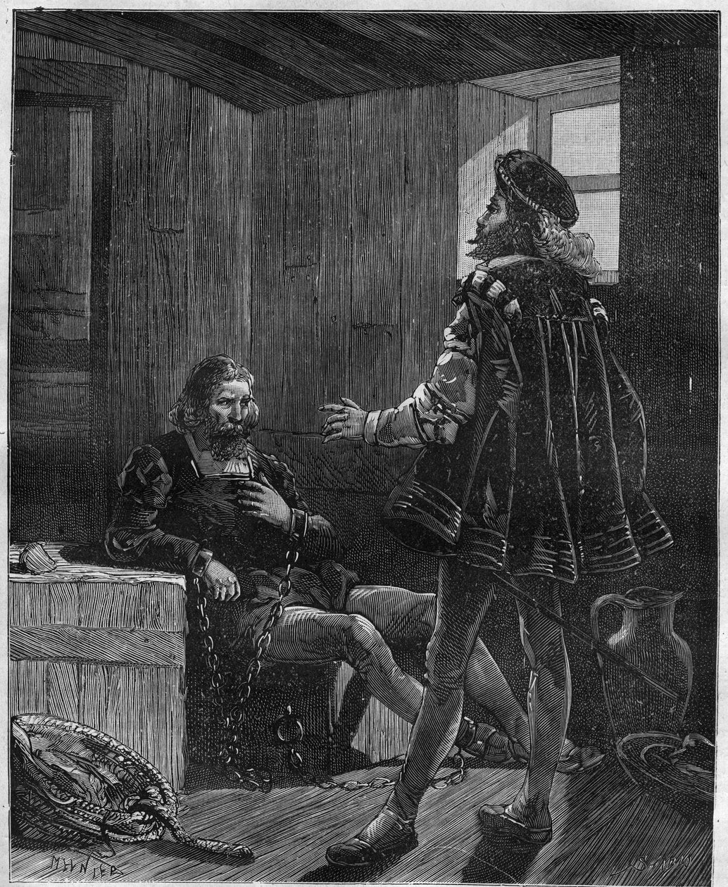 Oppdageren og navigatøren Christopher Columbus (Christopher Columbus, Cristoforo Colombo, Cristobal Colon) (1451-1506) som kommer tilbake fra sin tredje tur er lenket i lasterommet av Unknown artist