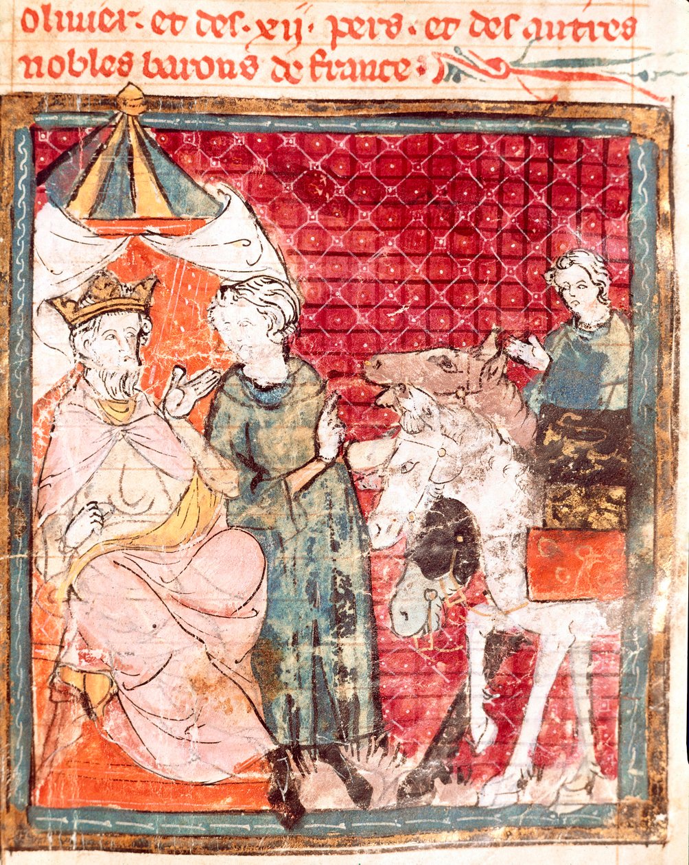 Farvel til ridder Roland, til hans onkel Charlemagne (742-814) Miniatyr fra "" Grandes Chronicles de France"" 1375-1379 kommunale bibliotek, Castres av Unknown artist