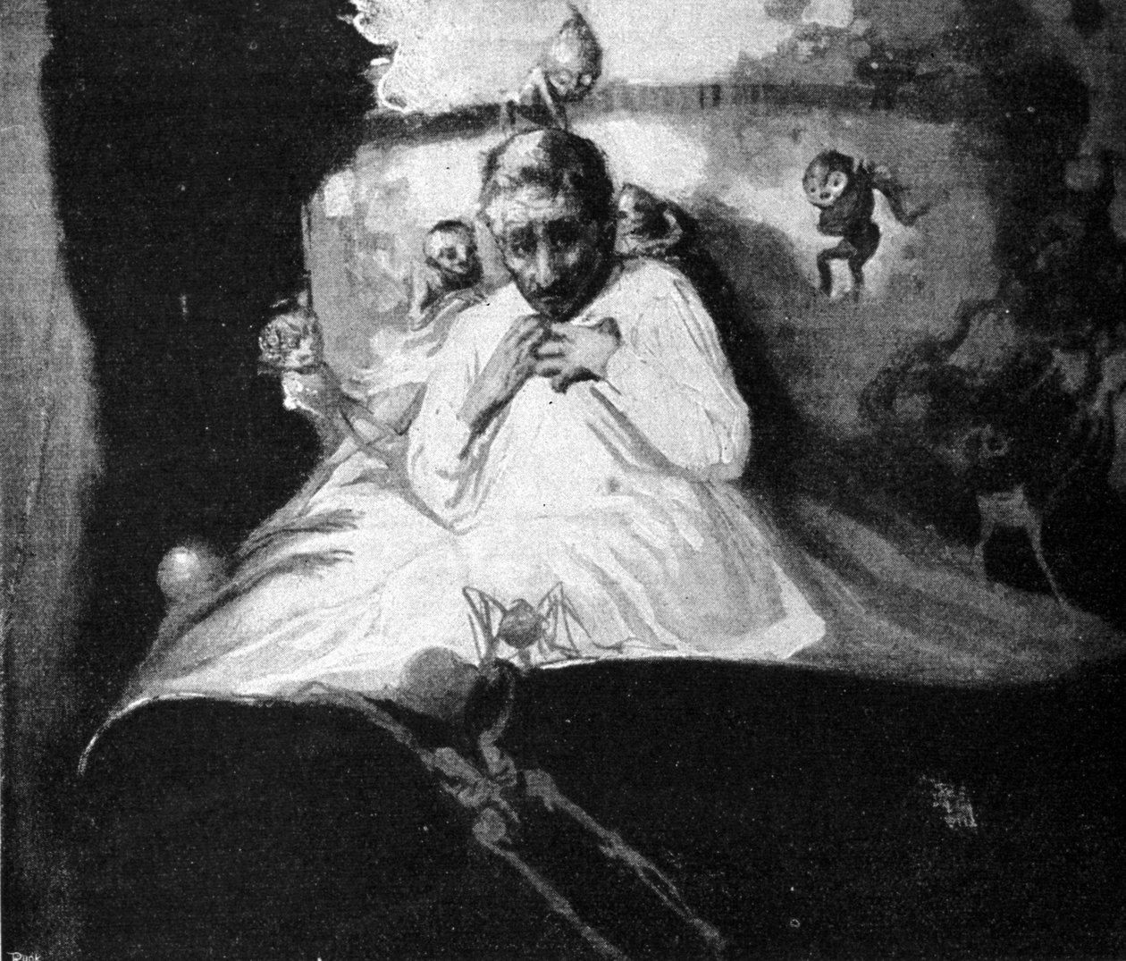 Frykten for spøkelser (en mann i sengen tror han blir overfalt av fantasivesener). av Unknown artist
