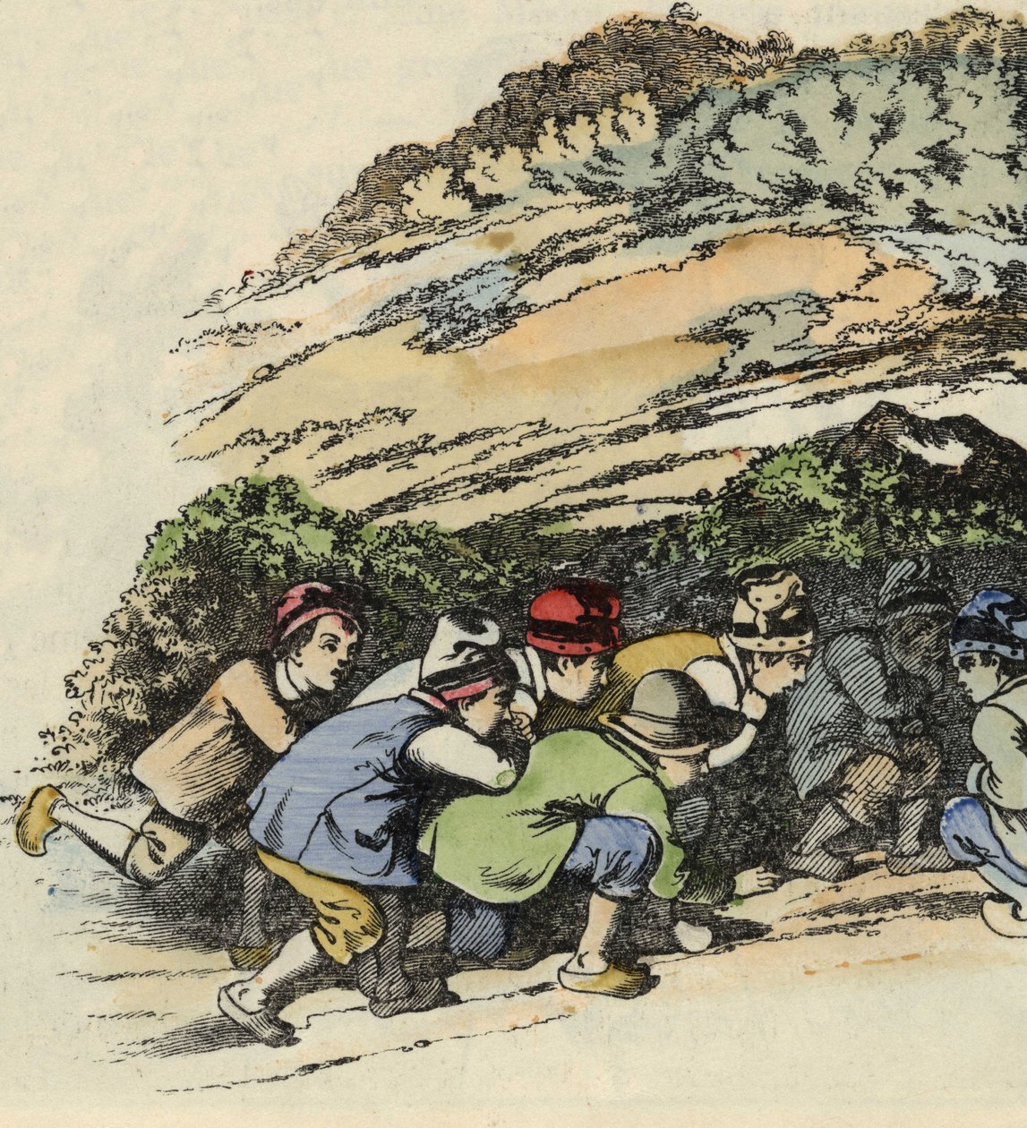 The feres of the little Poucet hide in a hollow rock to escape the ogre. Illustration of the tale “” Le Pepetit Poucet”” by Charles Perrault av Unknown artist