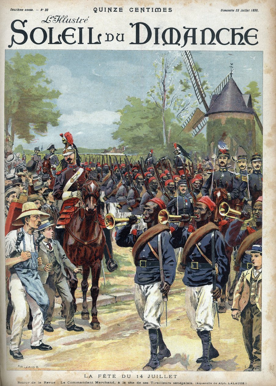 The fete of July 14: Commander Marchand has the head of Senegalese riders. Engraving in “” Le sun-du-dimanche””, July 23 av Unknown artist