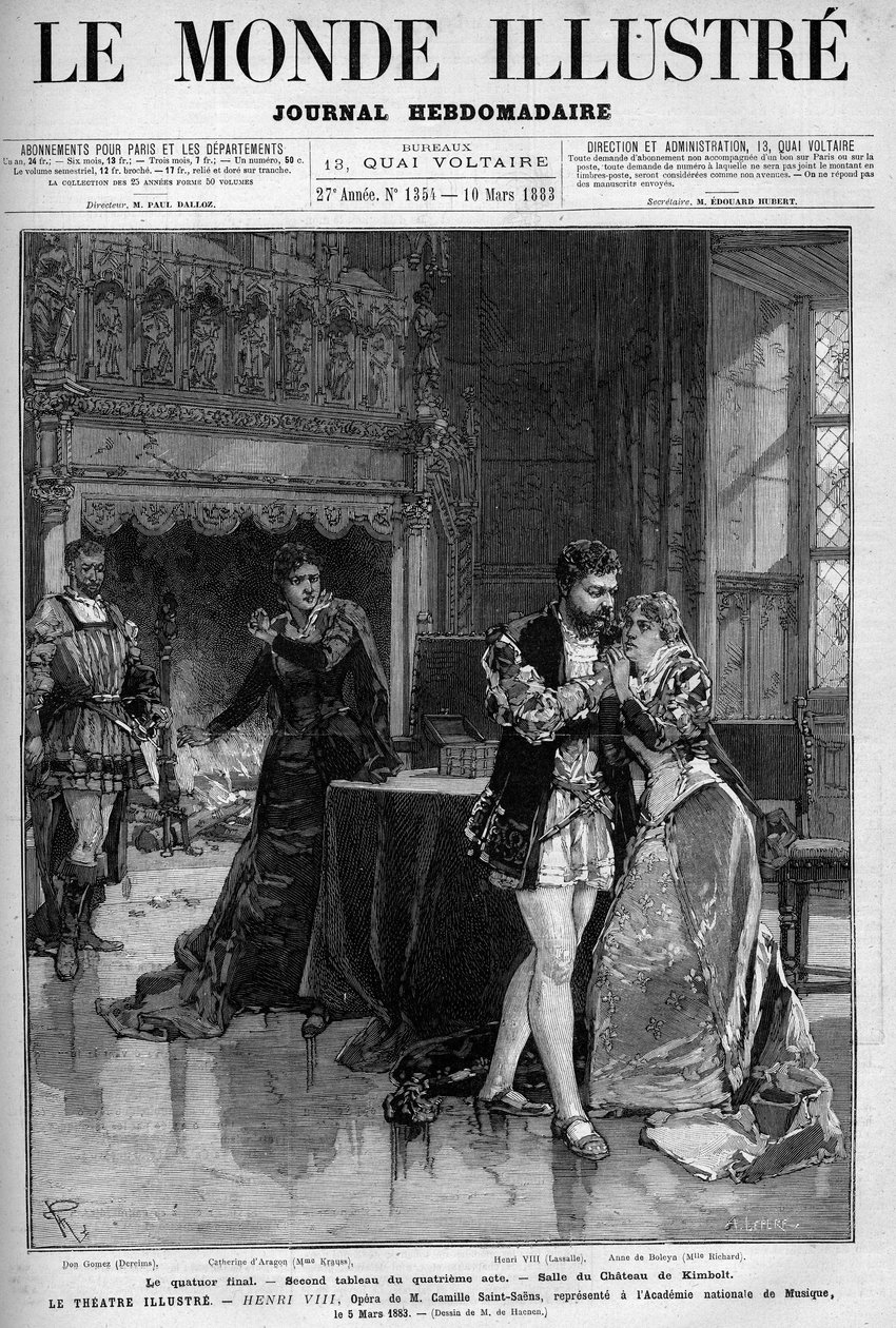 The final quartet, the second painting of the fourth act that takes place in the room of the castle of Kimbolt. Scene of the opera Henry VIII by Camille Saint Saens (Saint-Saens) represented at the national music academy on March 5 av Unknown artist
