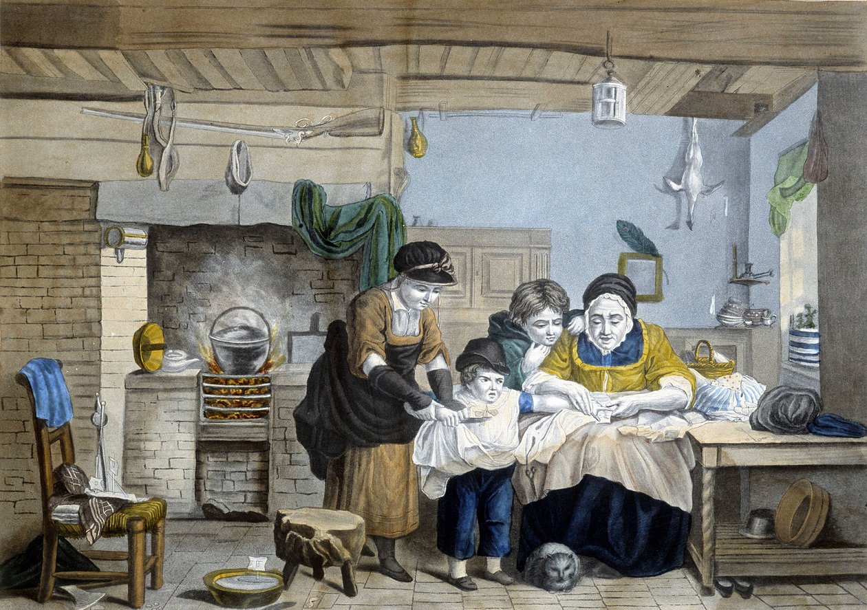 Fingeren kutter: familielege scene. av Unknown artist
