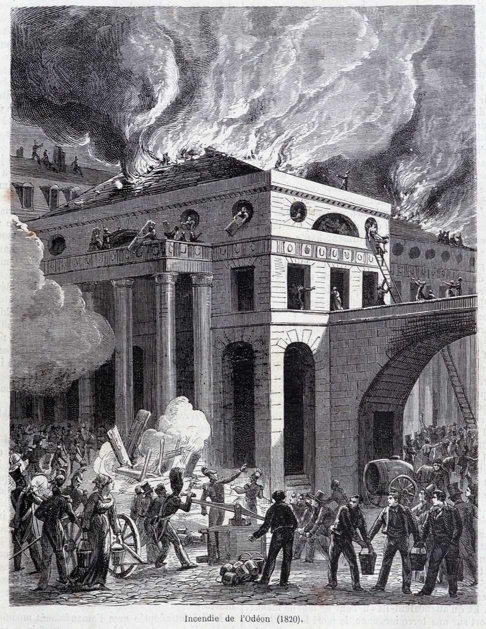 The Fire of the Odeon (1820) - gravering, sent på 1800-tallet av Unknown artist