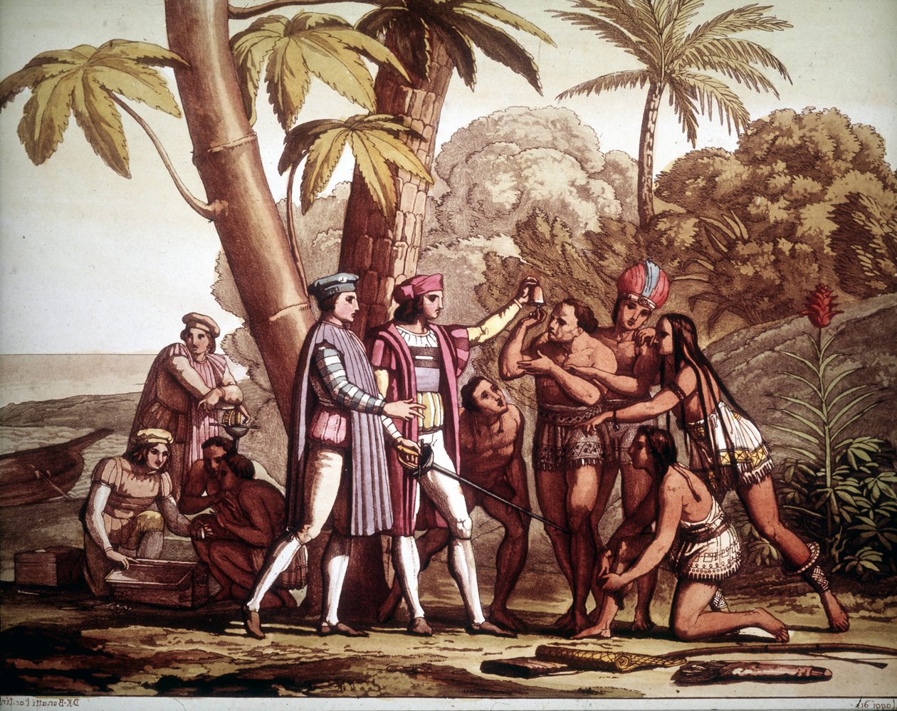 De første indianerne som dukket opp for Christopher Columbus da han kom til Amerika, - i "" Den gamle og moderne drakten"" av Jules Ferrario av Unknown artist