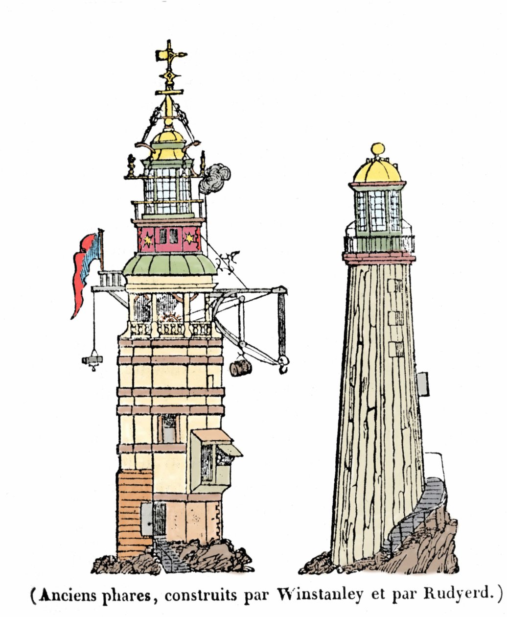 Det første og andre fyrtårnet i Eddystone. Den første, bygget i 1696, forsvant en natt med storm i 1703; den andre kollapsen i 1775 på grunn av en brann. av Unknown artist