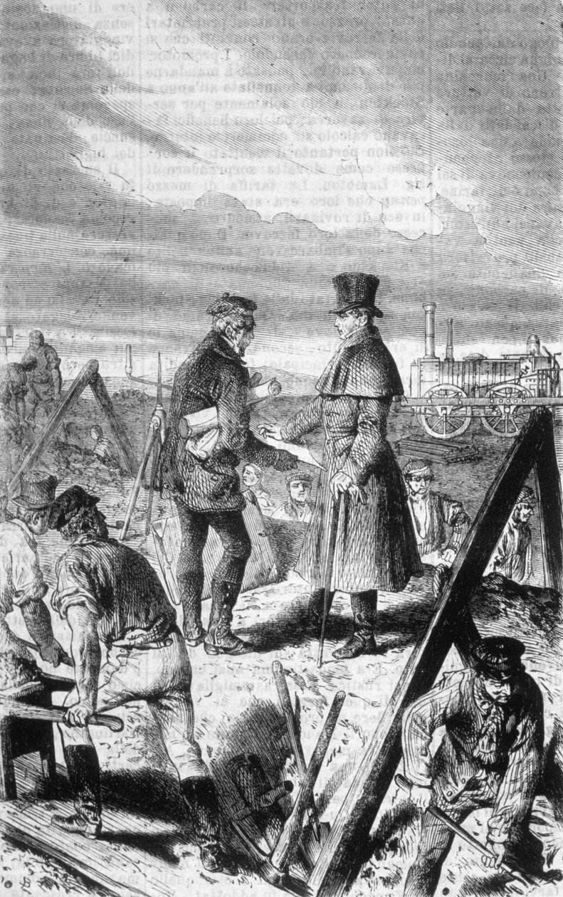 Det første damplokomotivet bygget av den britiske ingeniøren George Stephenson (1781-1848). av Unknown artist