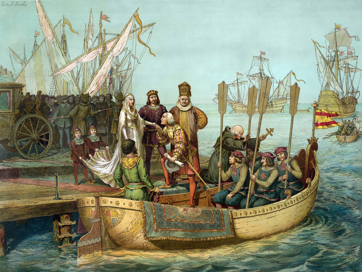 Den første turen: Christopher Columbus hilser dronning Isabella av Castilla til havnen i Palos før avreise i 1492. Gravering 1800-tallet av Unknown artist