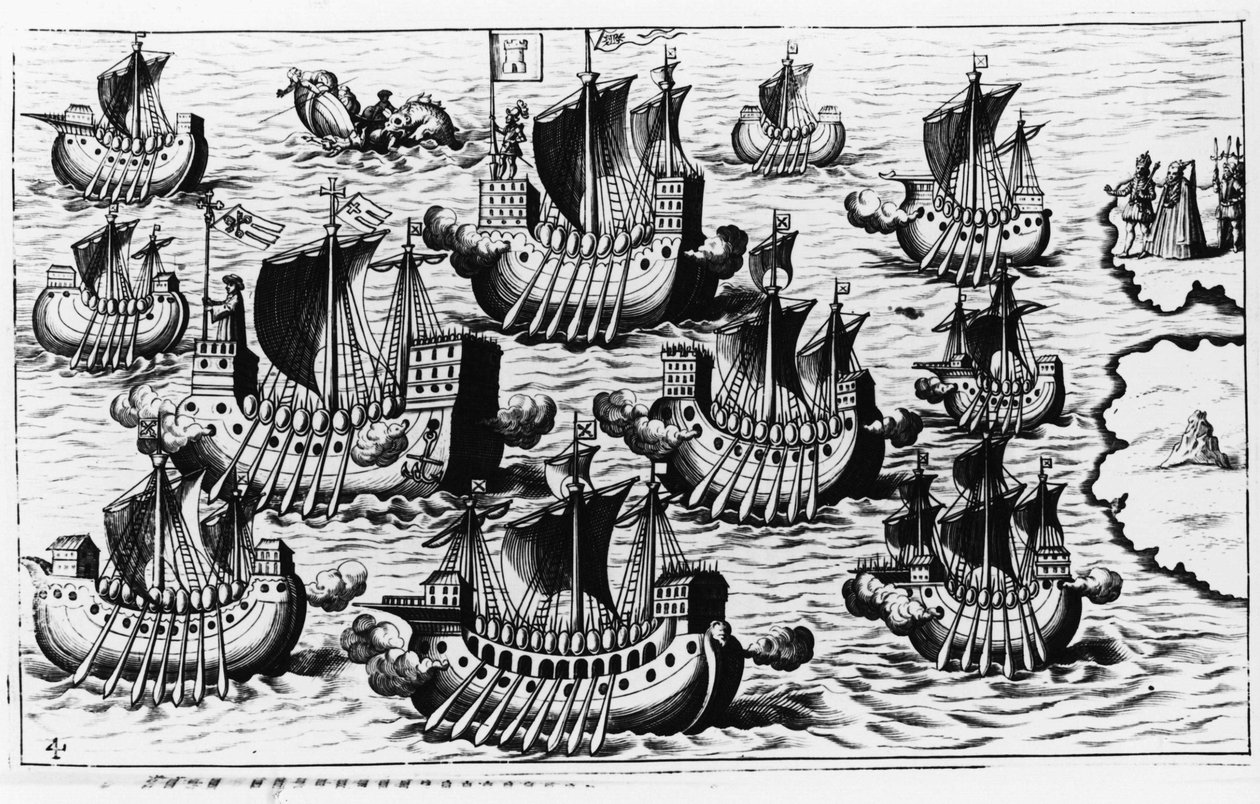 Flåten til Christopher Columbus (Cristoforo Colombo) for å erobre den nye verden - i "New Tipus After the Voyage of the New World" av Philoponus Honorius av Unknown artist