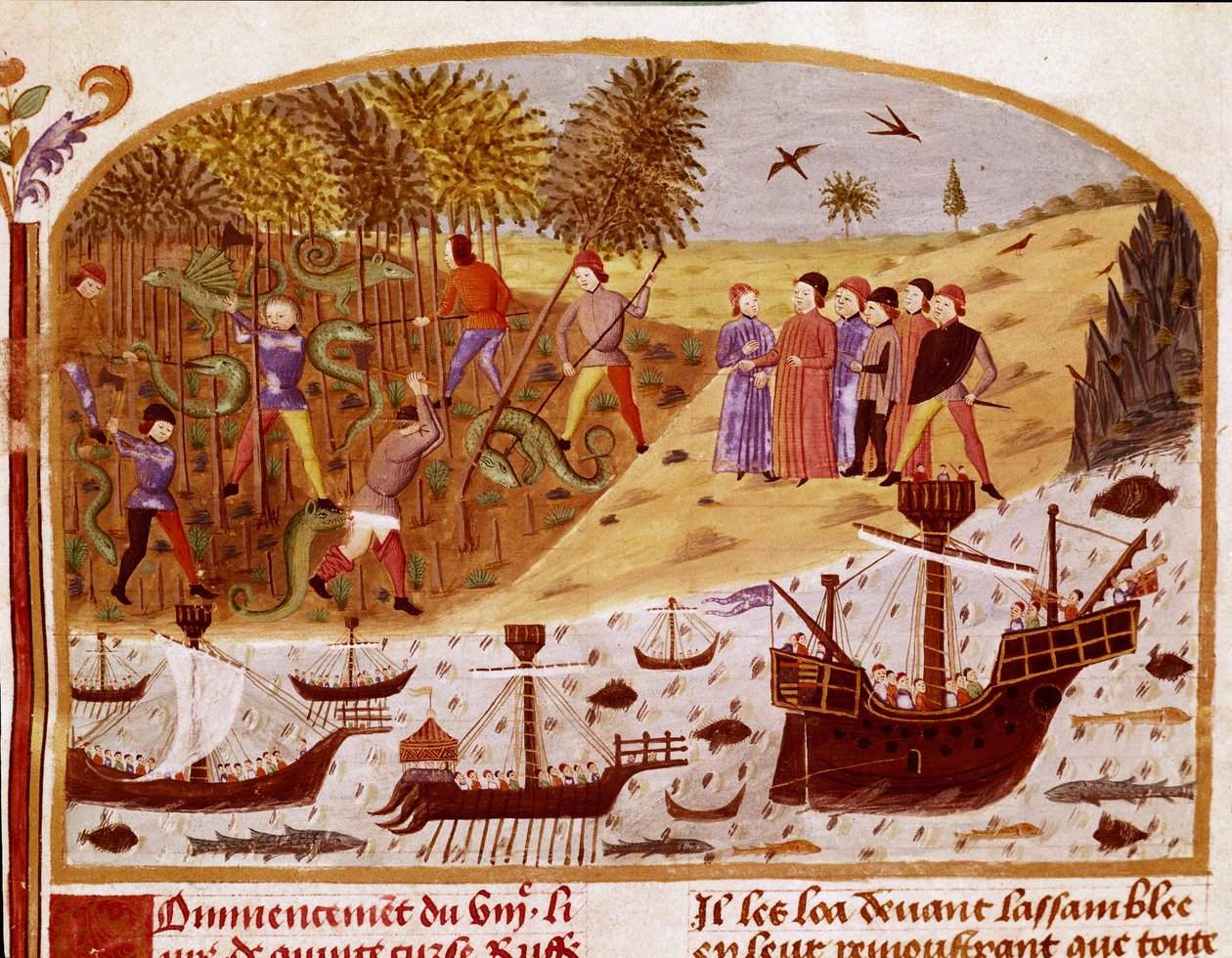 Flåten til kong Alexander den store miniatyr hentet fra "" Faktabok om Alexander den store"" av Quintus Curtius Rufus (Quinte Curce) (1. århundre), ca. 1468 - (Ms 1335) Reims, kommunalt bibliotek av Unknown artist