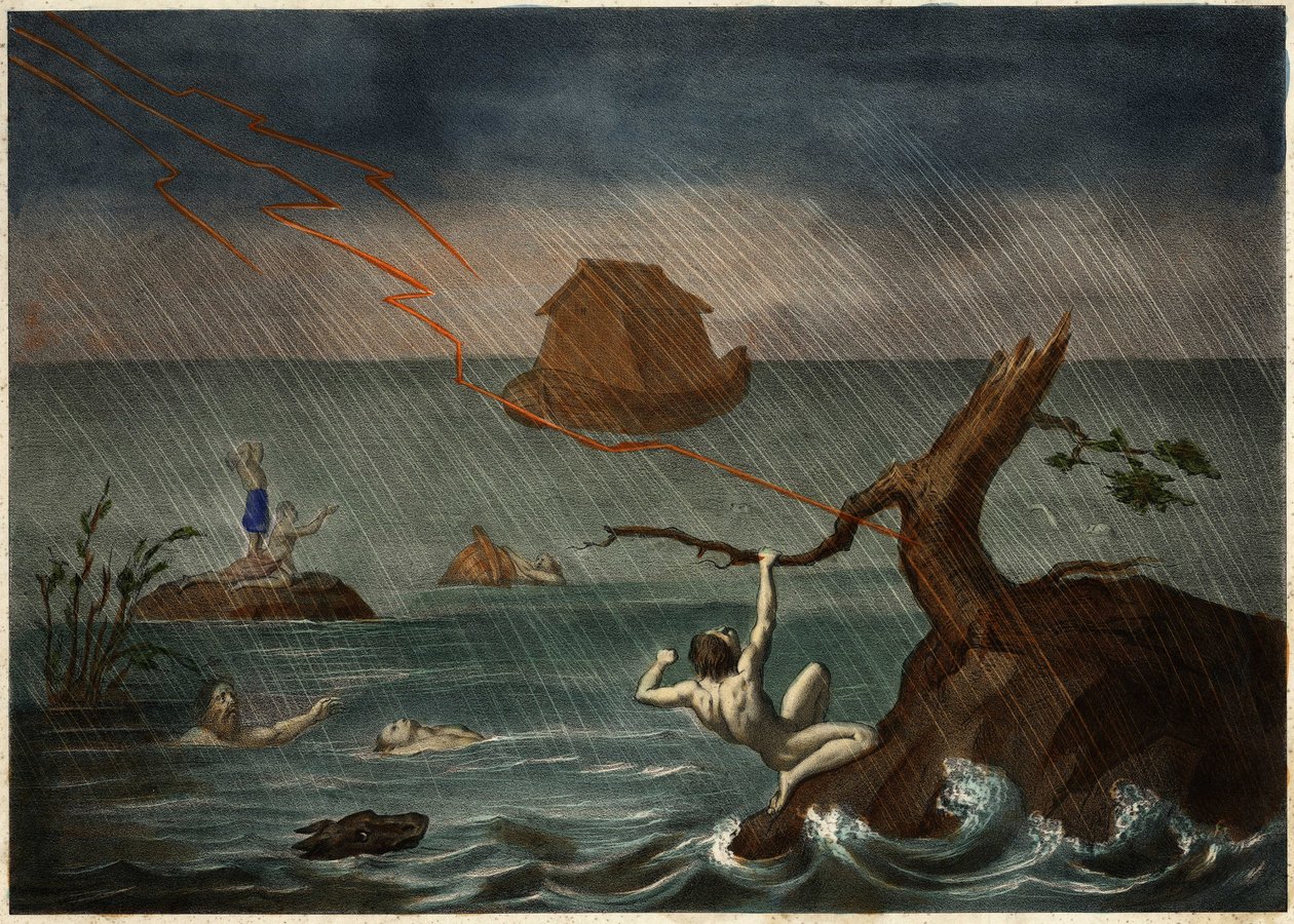 Flommen med Noahs ark i det fjerne. Anonym gravering fra midten av 1800-tallet. av Unknown artist