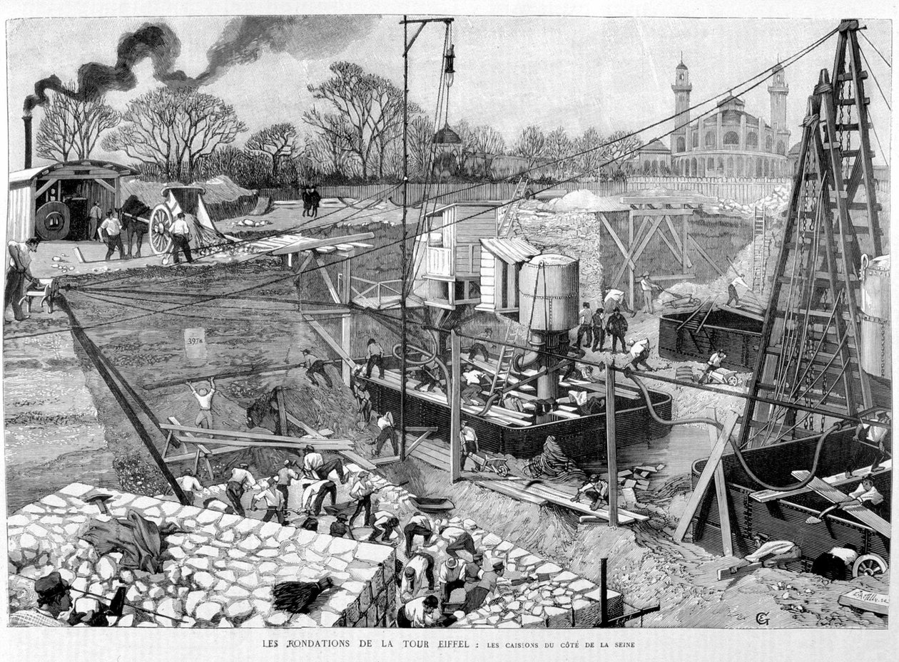 Grunnlaget for Eiffeltårnet: caissonene på Seine-siden - i "" Illustrasjon"" 14/05/1887. ¿ av Unknown artist
