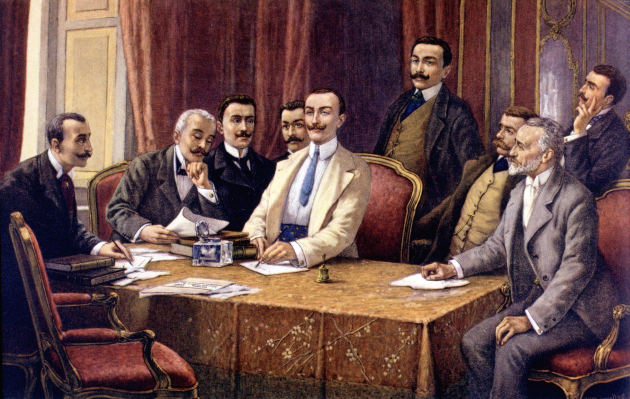 Grunnleggerne av Fiat av L. Delleani (1840 - 1908). Fra venstre (sittende): grev Bisometti, advokat Racca, grev Bricherasso, Ceriana, Giovanni Agnelli, advokat Scarfiotti, Ferrero og (stående) Luigi Damevino og advokat Goria Gatti. Sd. sent på 1800-tallet av Unknown artist
