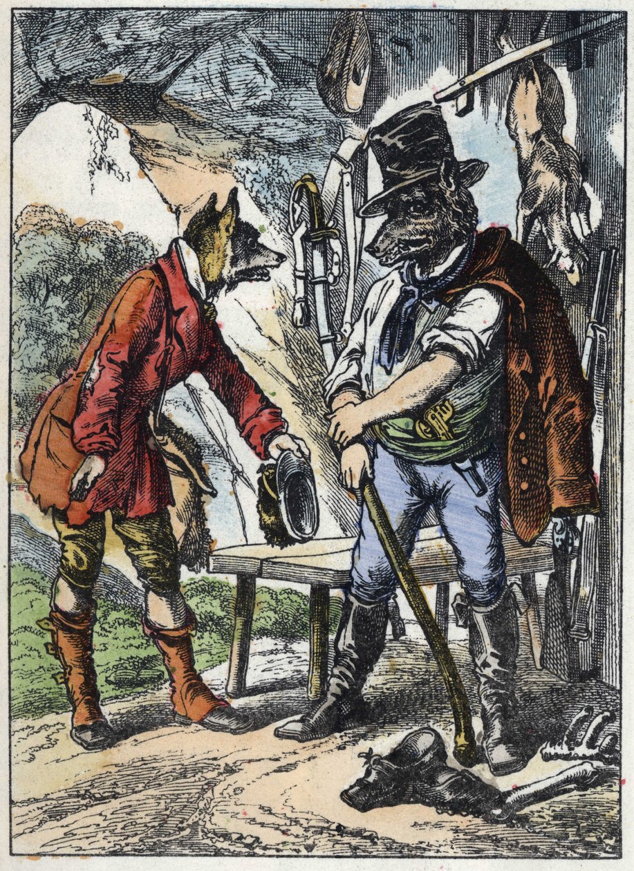 Reven og ulven. Illustrasjon av fortellingen "Good Mom Sheep"". I "" Fortellinger fra hjemmet for de minste"". Anonym gravering fra 1800-tallet. av Unknown artist