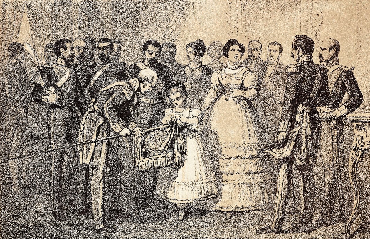 Den fremtidige dronningen av Spania Isabella II (Isabella av Bourbon) (1830-1904) (Isabel II av Espana) dekorerer flagget til spydene til gardegarden av Saint Ferdinands orden (San Fernando). Litografi. av Unknown artist