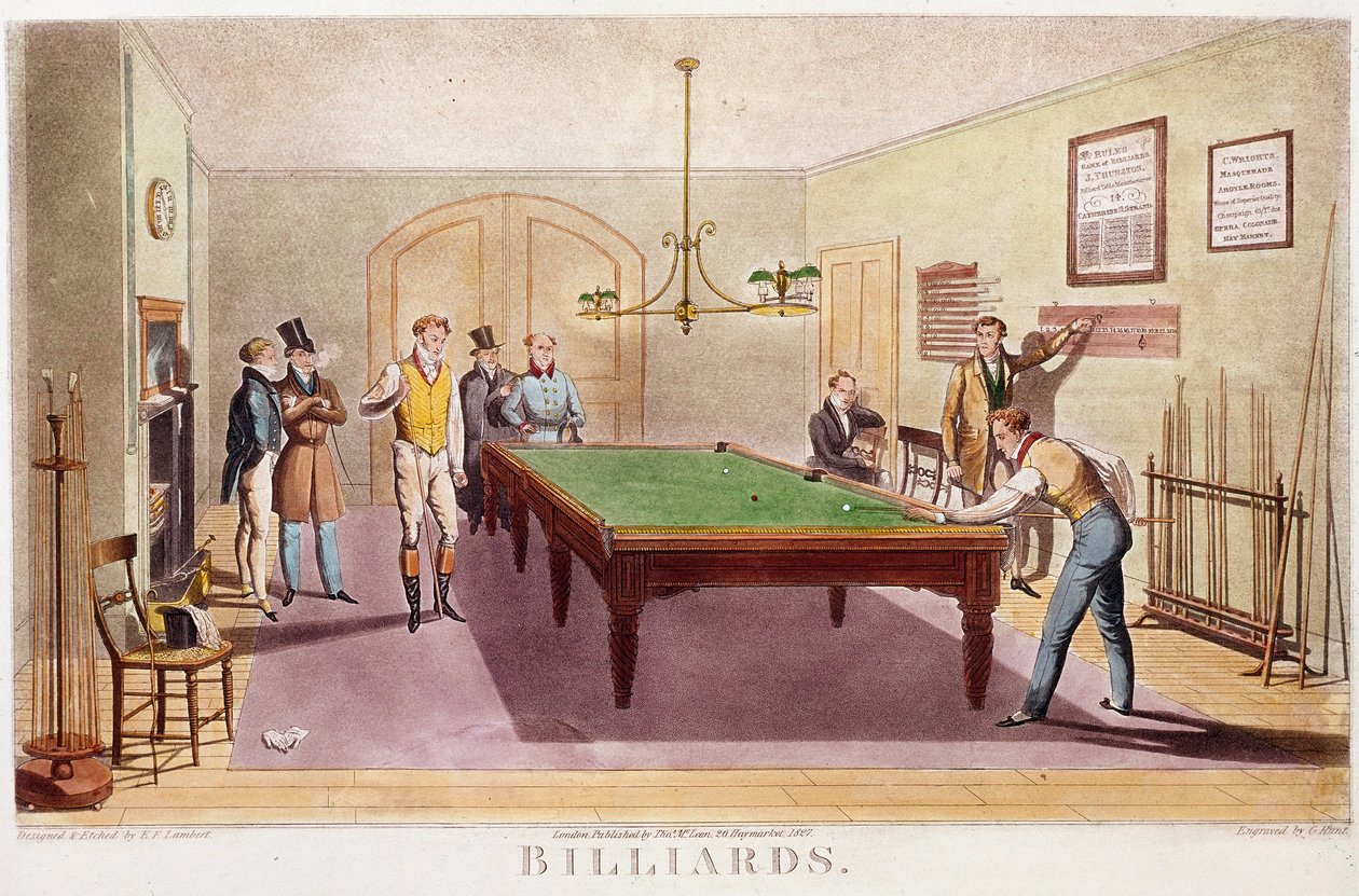 Spillet biljard Gentilmenn fra det høye engelske samfunnet som spiller biljard. Gravering fra 1827. Privat samling av Unknown artist