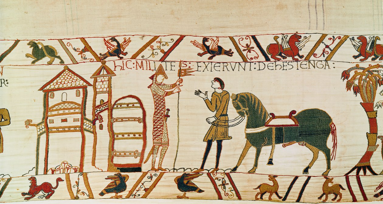 Porten til Hastings åpner for at normannerne kan marsjere mot Harold, Bayeux Tapestry (ullbroderi på lin) av Unknown artist