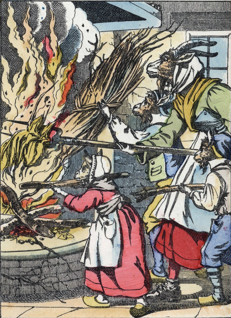 Bukken og pyntegjenstandene satte fyr på skorsteinen. Illustrasjon av fortellingen "Compere le Loup, Maitre Renard, Comere la Chevre et ses petits biquets"" etter en fabel av Jean de la Fontaine. I "" Fortellinger fra hjemmet for de minste"". Anonym graver av Unknown artist