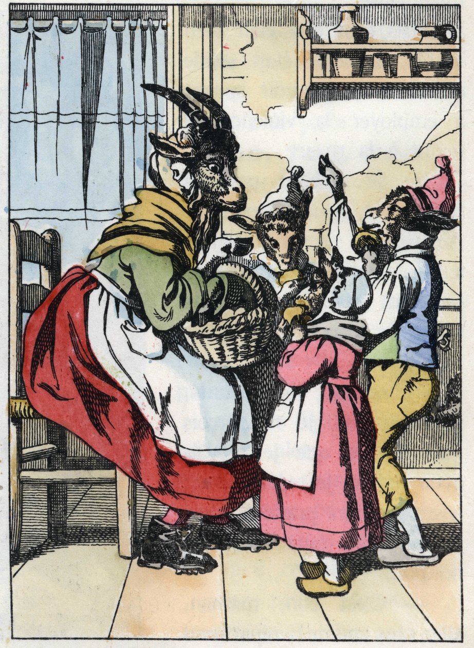 The goat is out of the market, listening to the history of the biquets. Illustration of the tale “Compere le Loup, Maitre Renard, Comere la Chevre et ses petits biquets”” after a fable by Jean de la Fontaine. In “” Tales from the home for the little ones”” av Unknown artist