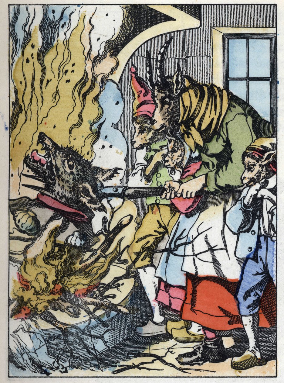Bukken dreper ulven i skorsteinen. Illustrasjon av fortellingen "Compere le Loup, Maitre Renard, Comere la Chevre et ses petits biquets"" etter en fabel av Jean de la Fontaine. I "" Fortellinger fra hjemmet for de minste"". Anonym gravering av 19t av Unknown artist