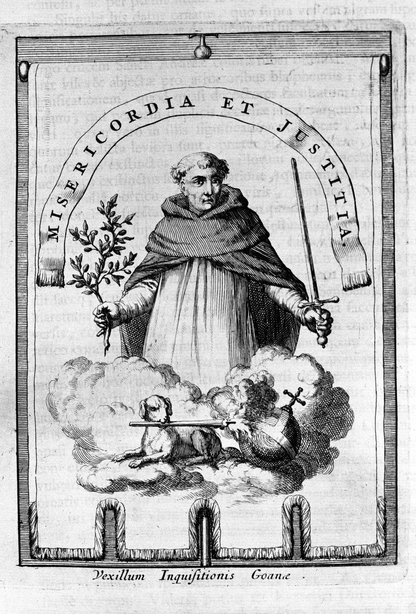 Inkvisisjonens gonfalon (gonfanon) i Goa, portugisisk koloni i India - En dominikansk representant bærer inkvisisjonens emblem: et sverd og en olivengren, symbol på straff, men også på fred og rettferdighet av Unknown artist