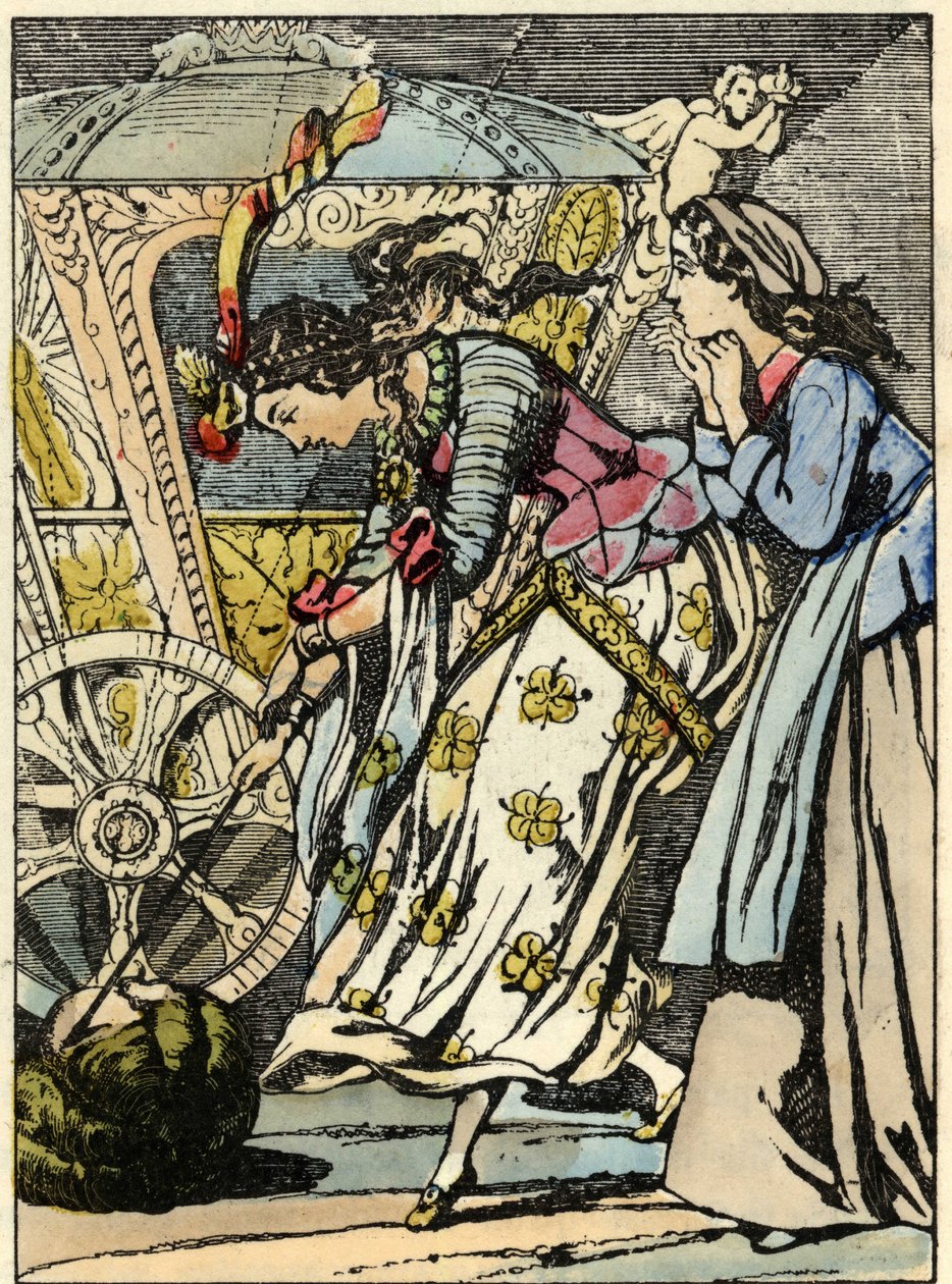Den gode avgiften gresskaret i en vogn foran Askepotts øyne. Illustrasjon av Charles Perraults fortelling "Askepott eller La petite slipper de verre" av Unknown artist
