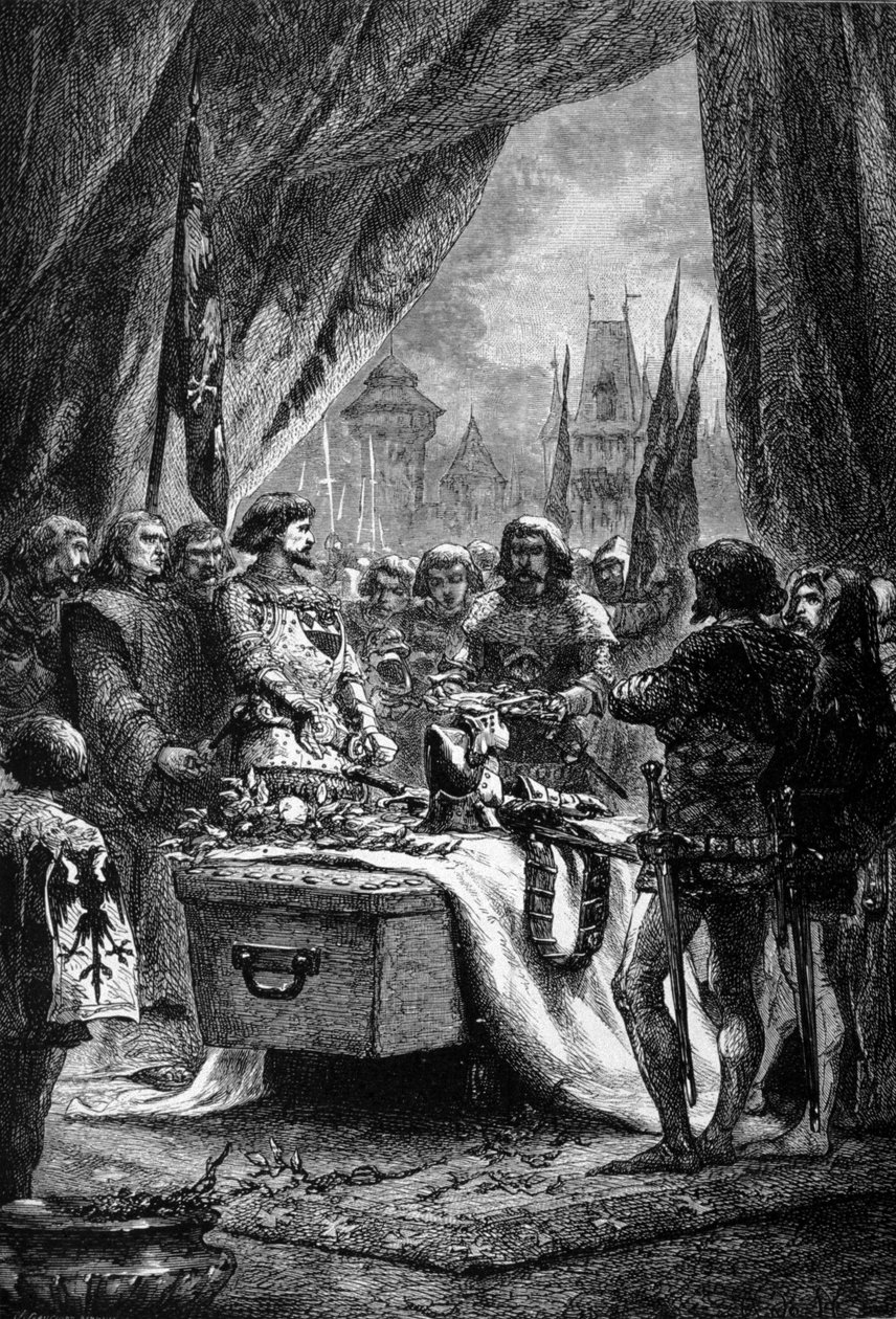 Guvernøren plasserte nøklene til Chateauneuf de Randon på kisten til Bertrand Du Guesclin (1320 - 1380), en bretonsk krigsmann og en fransk patriot mot engelskmennene. Gravering fra 1800-tallet. av Unknown artist