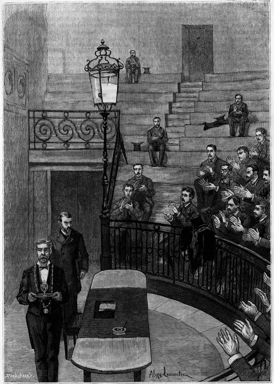 The grand amphiteatrician of the Faculty of Medicine of the Latin Quarter in Paris. Engraving in the journal “” La jeunesse”” av Unknown artist
