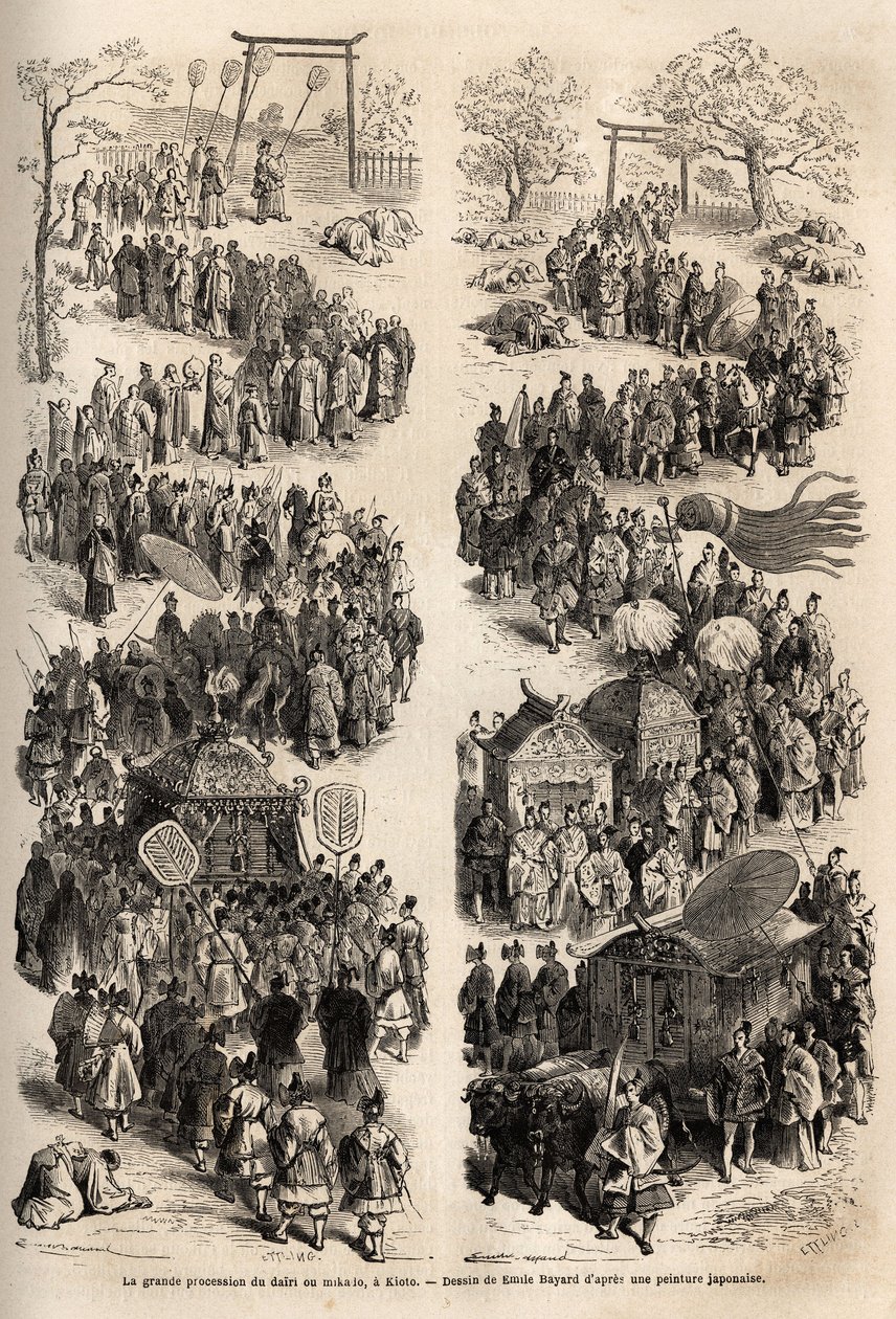 Den store prosesjonen til Mikado (keiseren av Japan), ved dairi, det gamle keiserlige slottet i Heian-kyo (Heian Kyo, dagens Kyoto) fra 794 til 1869. Gravering for å illustrere reisen til Japan i 1863-1864, av Aime Humbert, sveitserens minister av Unknown artist