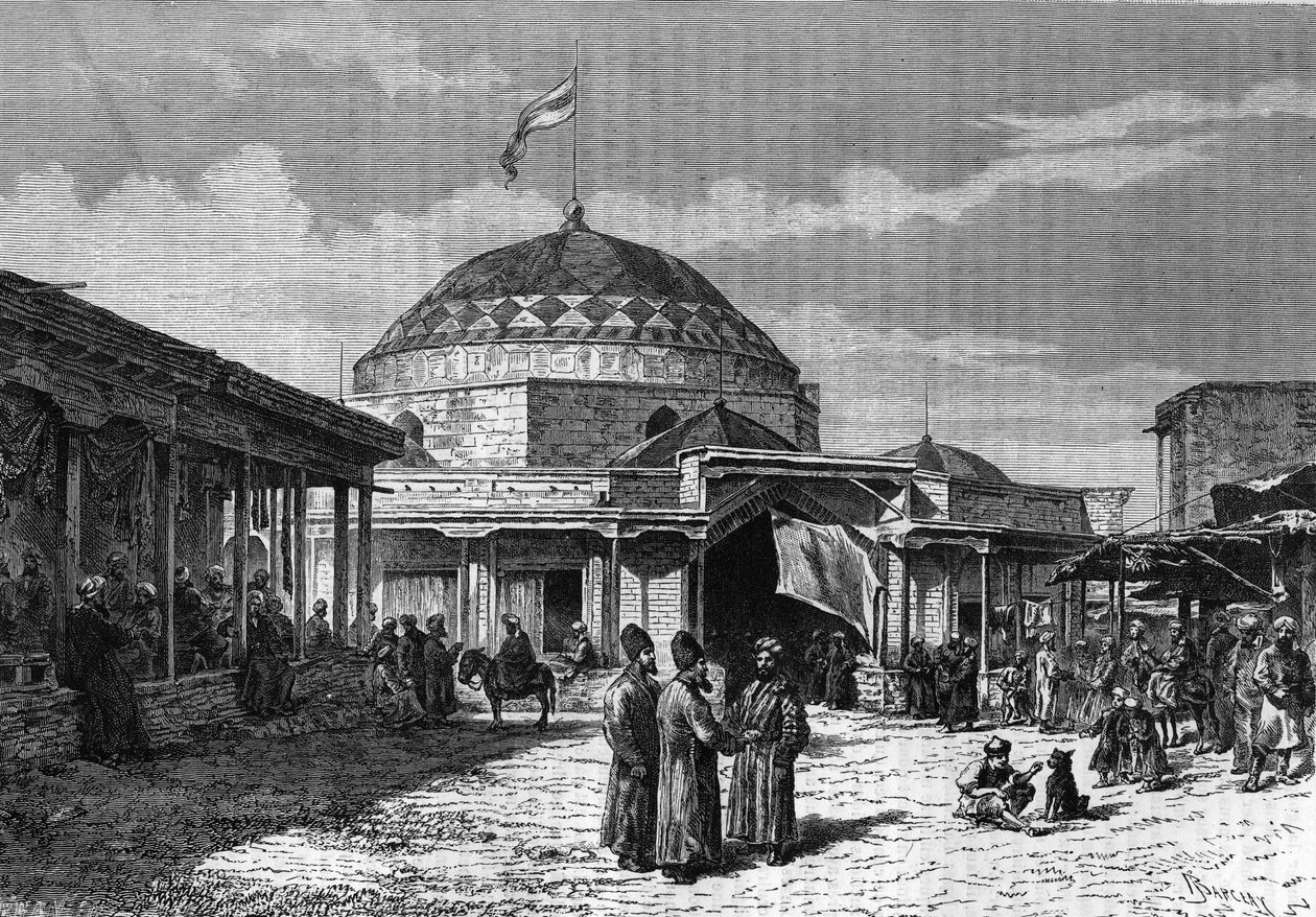 Den store basaren i Samarkand (Samarqand eller Samarkand) i Usbekistan på 1800-tallet. Gravering i "" le journal de la Jeunesse "" fra 1888. av Unknown artist