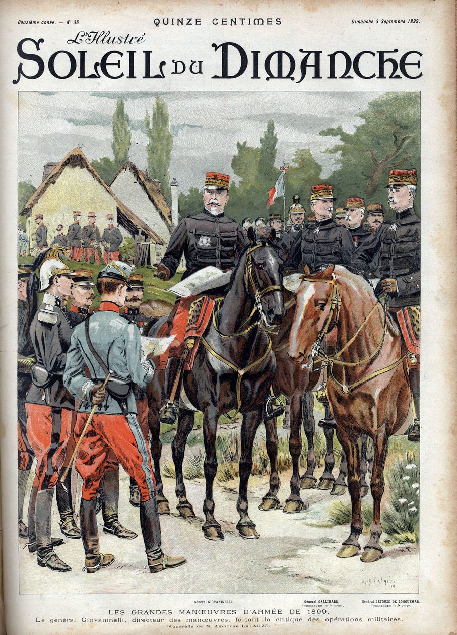 The great maneuvers of the 1899 army. General Giovaninelli, director of manoeuvres, criticizing military operations. Engraving in “” Le sun-du-dimanche””, on 3 September 1899. av Unknown artist