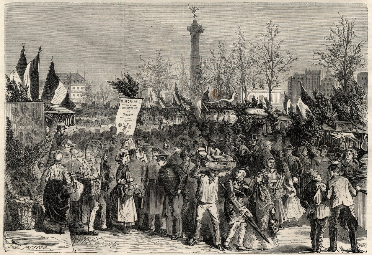 Skinkemessen, Boulevard Bourdon i 4. arrondissement i Paris nær Place de la Bastille. Et skilt annonserer multekjøtt (Hyperphagia). Gravering i "The Universe illustrious" av Unknown artist
