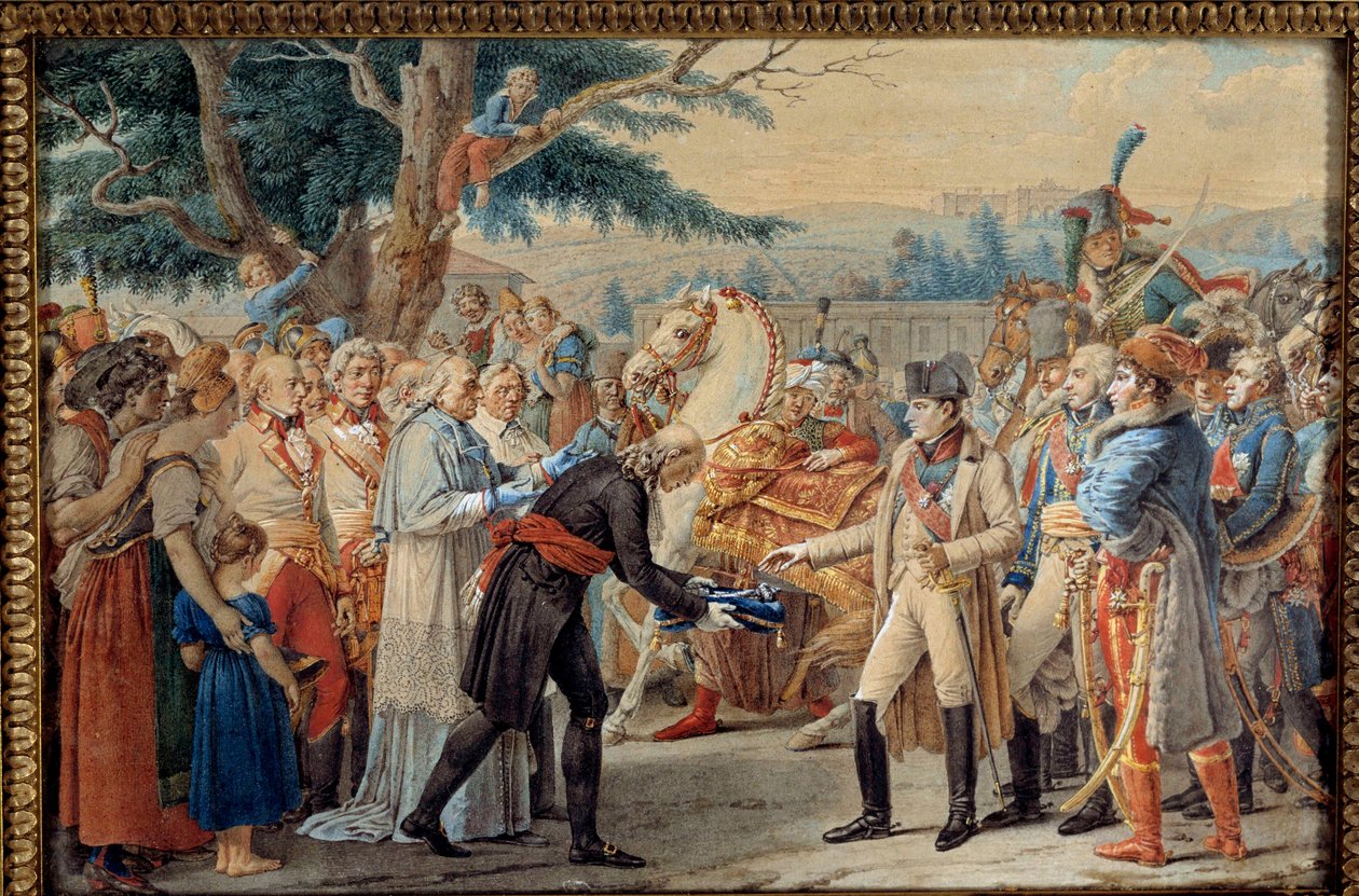 Overlevering av nøklene til Wien til Napoleon I (1769-1821) Keiseren returnerte til den østerrikske hovedstadens øde av Francois II av Habsburg 14.11.1805. 1800-talls billedvev. Ile D