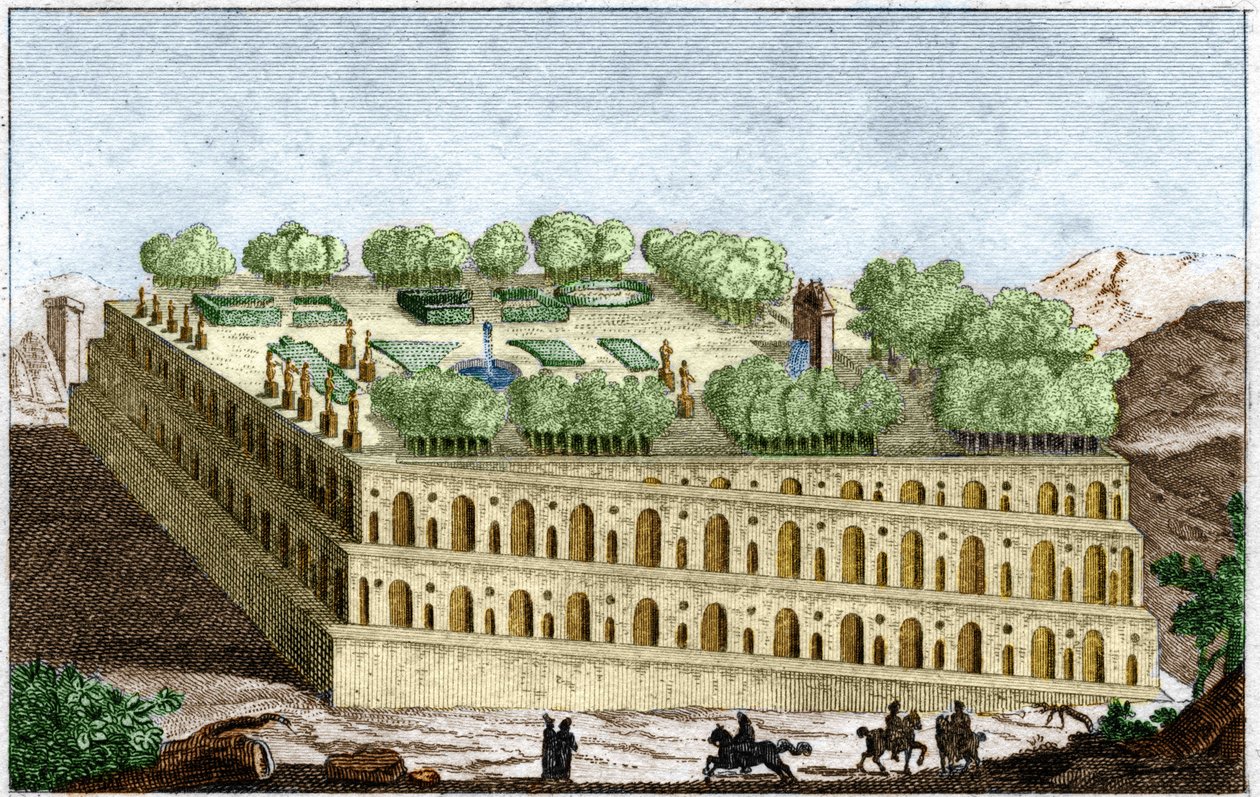 De hengende hagene til den legendariske dronningen Semiramis i Babylon, et av verdens syv underverker. Gravering fra 1829 i "Old History" av Rollin. av Unknown artist