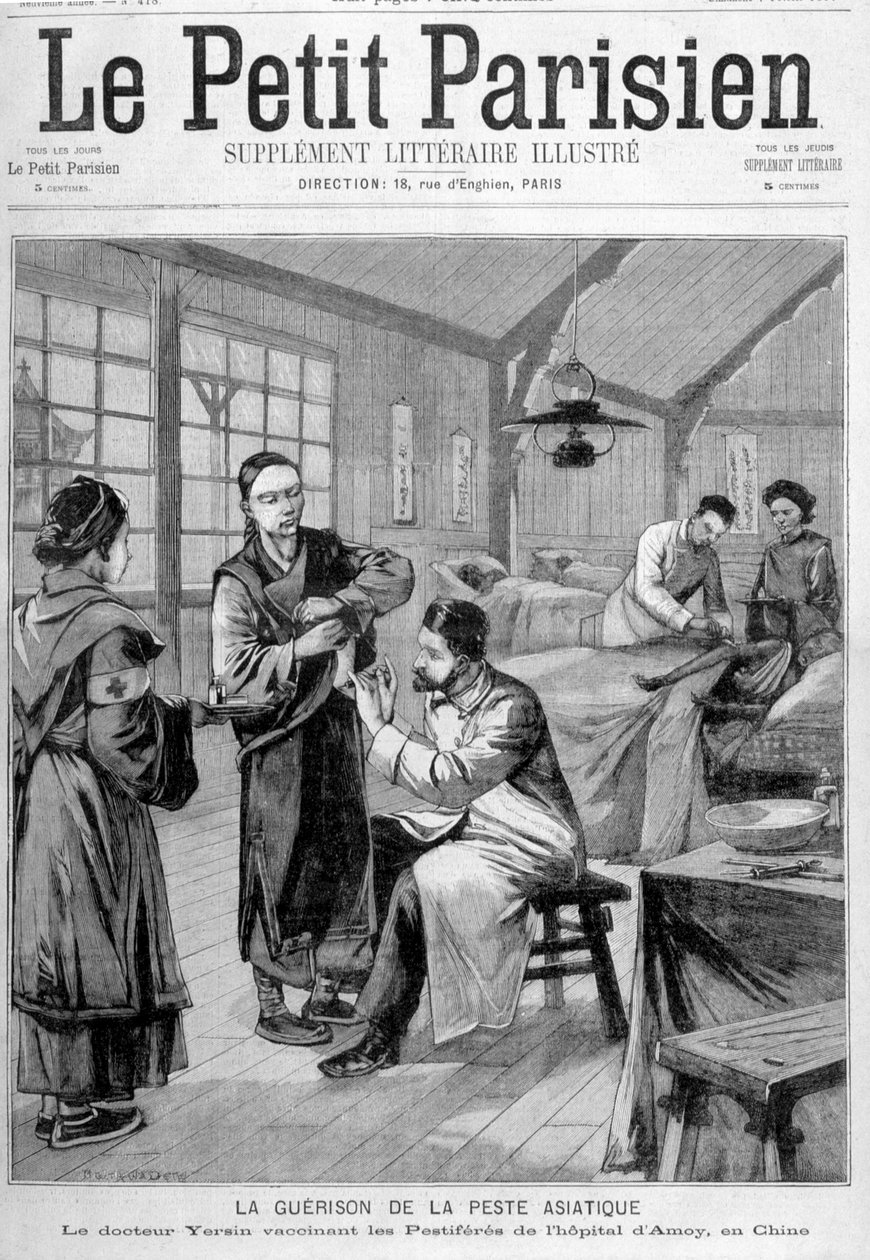Helbredelsen av den asiatiske pesten: Dr. Yersin vaksinerer de skadelige dyrene på sykehuset i Amoy i Kina - i "" Le Petite Parisien"" fra 07.02.1897 av Unknown artist