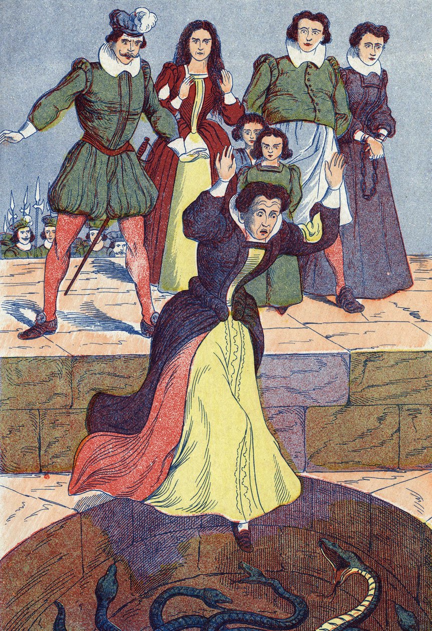 Den grusomme trollmannen kaster inn i tanken. Anonym illustrasjon for "La belle au bois dormant", fortelling av Charles Perrault (1628-1703), fransk forfatter. Bilder Marcel Vagne, Jarville Nancy, udatert (slutten av 1800-tallet). av Unknown artist