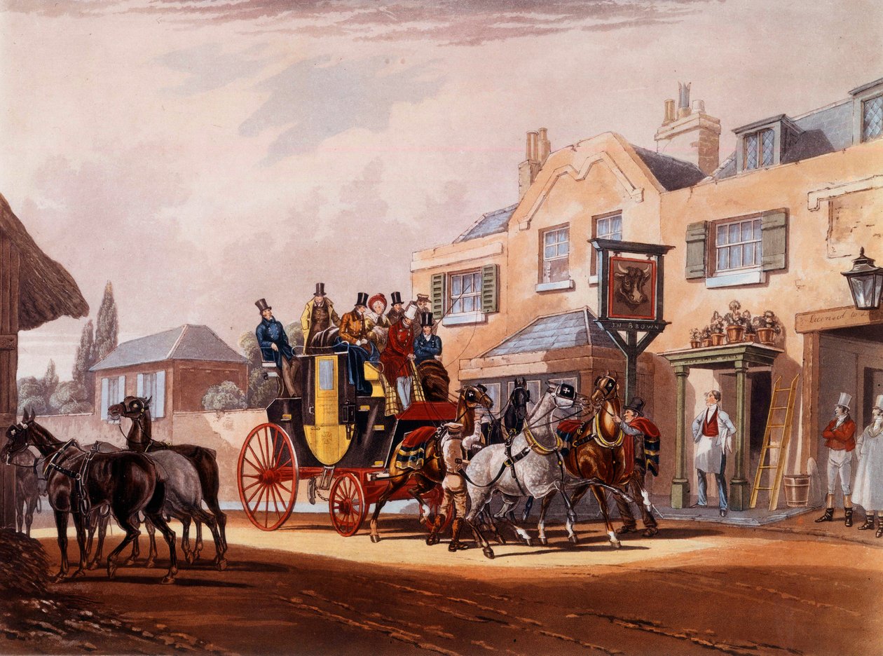 Hestestafetten av en flid under et stopp i et vertshus. Trykk fra 1800-tallets privatsamling av Unknown artist