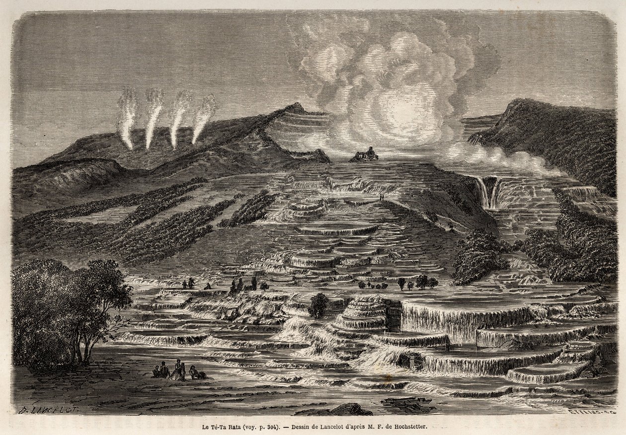 Den varme kilden Te Tarata, omgitt av terrasser overlagret med hvit silika, til venstre fire geysirer og til høyre innsjø og foss, tegnet av Lancelot, for å illustrere Ferdinand de Hochstetters reise til New Zealand fra 1858 til 1860. Engr. av Unknown artist